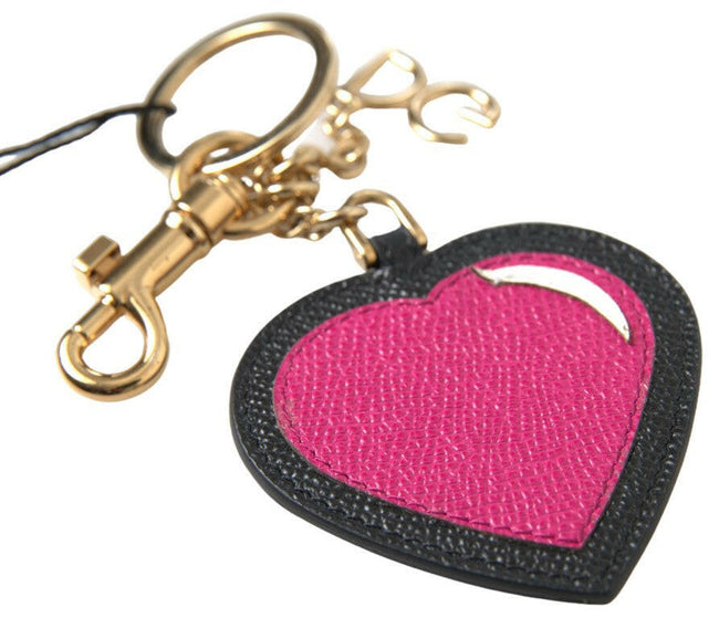 Dolce & Gabbana Black Fuchsia Heart Leather Gold Metal Keyring Keychain - GENUINE AUTHENTIC BRAND LLC  