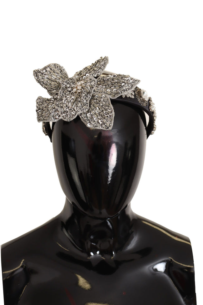 Dolce & Gabbana Black Crystal Beaded Sequined Large Flower Diadem Headband - GENUINE AUTHENTIC BRAND LLC  