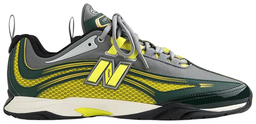 Aimé Leon Dore x New Balance RC56 'Neon Grey' with neon mesh, green overlays, and ALD crest on grey running silhouette.
