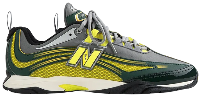 Aimé Leon Dore x New Balance RC56 'Neon Grey' with neon mesh, green overlays, and ALD crest on grey running silhouette.