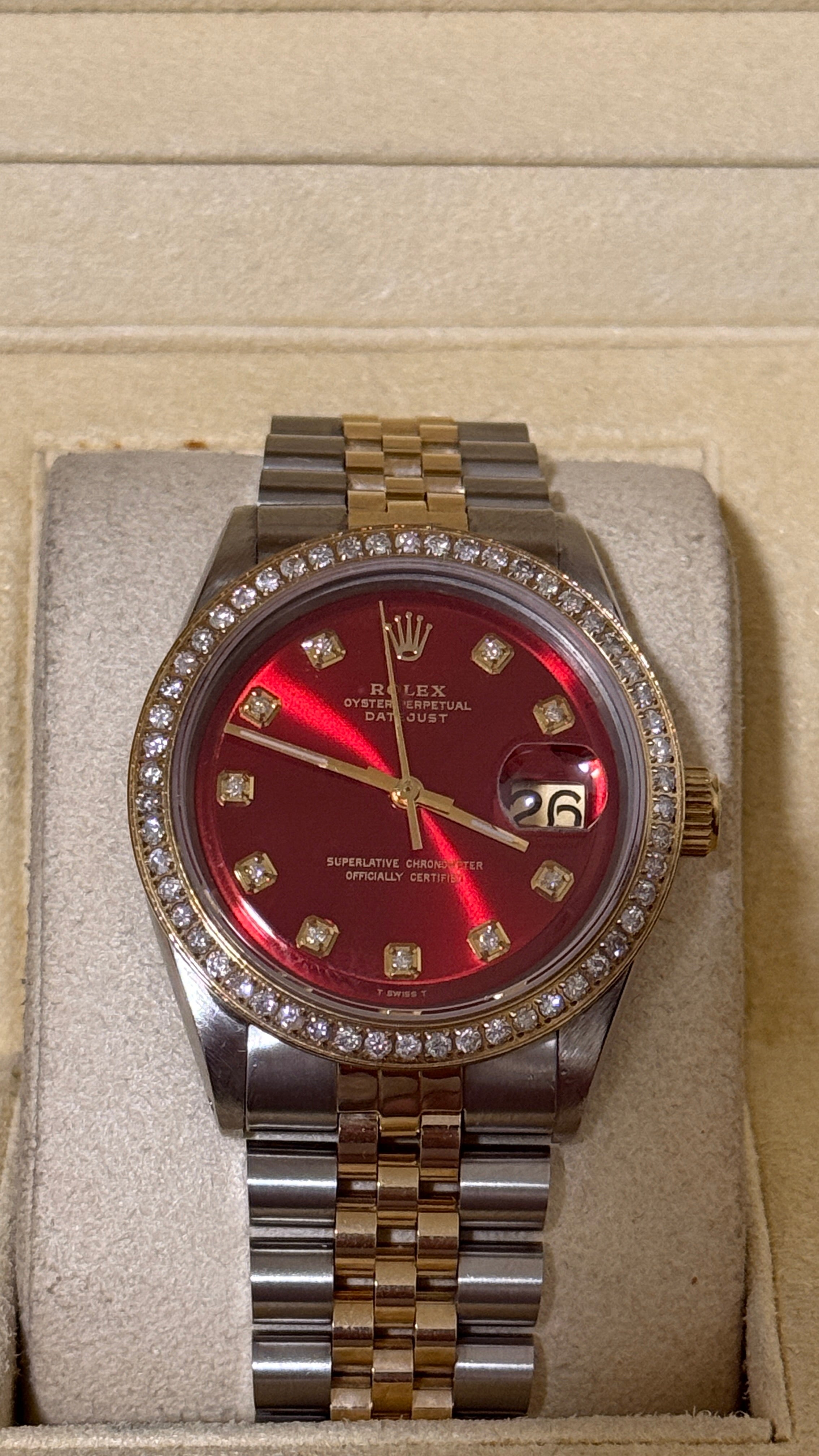 Pre-Owned Rolex 36MM Two-Tone YG-SS – Red Dial with 1ct Diamond Accents, Cutom Damiond Dial and Jubilee 18K Gold Bracelet (Model 1601)