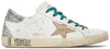 Golden Goose Wmns Superstar 'Don't Be Perfect, Be Younique' in white leather with taupe and silver details and distressed vintage finish.