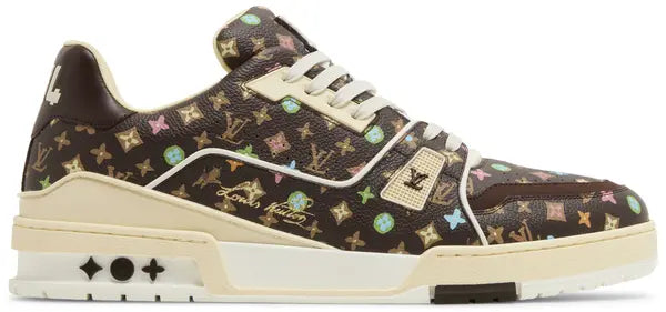 Louis Vuitton Trainer 'Mocha Multi-Color Monogram' 2024 brown leather sneaker with vibrant LV monogram print and tonal sole.

