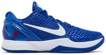 Nike Zoom Kobe 6 Protro 'Dodgers' sneaker in Game Royal with white Swoosh, red baseball stitching, and snakeskin upper texture.