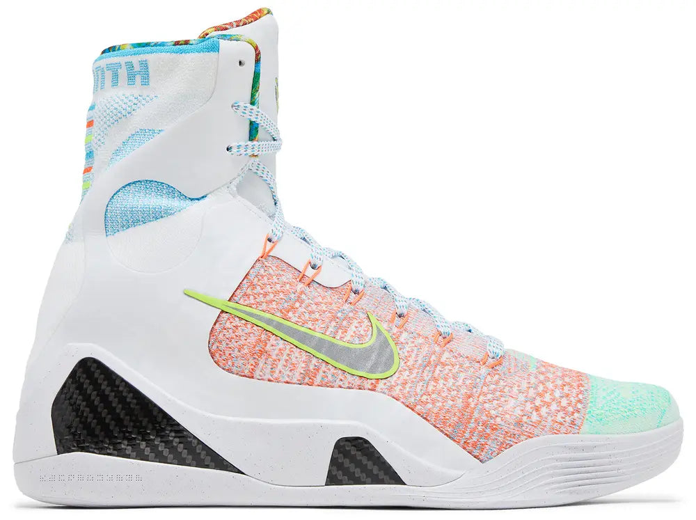 Nike Kobe 9 Elite Protro 'What The Kobe' 2025 high-top with white multicolor Flyknit upper and embroidered heel detailing.