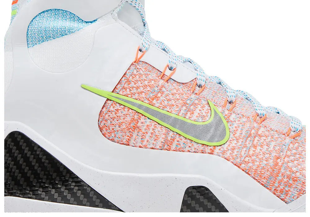 Nike Kobe 9 Elite Protro 'What The Kobe' 2025 high-top with white multicolor Flyknit upper and embroidered heel detailing.