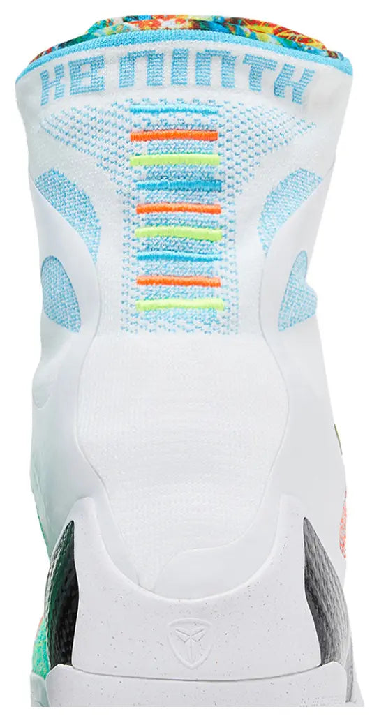 Nike Kobe 9 Elite Protro 'What The Kobe' 2025 high-top with white multicolor Flyknit upper and embroidered heel detailing.