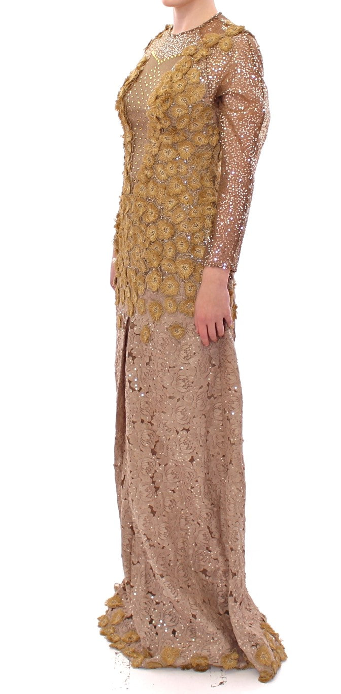 Lanre Da Silva Ajayi Exquisite Gold Lace Maxi Dress with Crystals