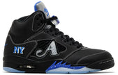 Awake NY x Air Jordan 5 Retro Boro Racer Blue 2025 sneaker in black tumbled leather with silver reflective tongue, Racer Blue branding, and translucent outsole.