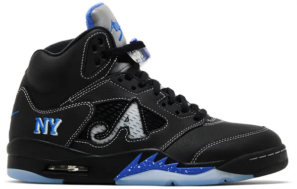 Awake NY x Air Jordan 5 Retro Boro Racer Blue 2025 sneaker in black tumbled leather with silver reflective tongue, Racer Blue branding, and translucent outsole.