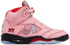 Awake NY x Air Jordan 5 Retro Boro Arctic Pink 2025 sneaker in pink leather with reflective tongue, dual branding, and red shark tooth accents.