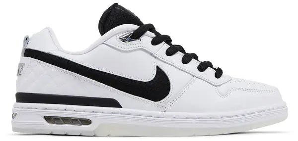 Nike Zoom Air Paul Rodriguez 1 'White Black' 2025 skate shoe in white leather with black Swoosh and visible Zoom Air unit.