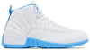 Air Jordan 12 Retro 'Melo' 2025 featuring white leather upper, University Blue accents, and Zoom Air sole with carbon fiber shank.