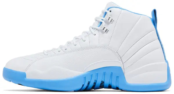 Air Jordan 12 Retro 'Melo' 2025 featuring white leather upper, University Blue accents, and Zoom Air sole with carbon fiber shank.