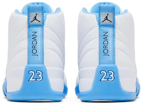 Air Jordan 12 Retro 'Melo' 2025 featuring white leather upper, University Blue accents, and Zoom Air sole with carbon fiber shank.