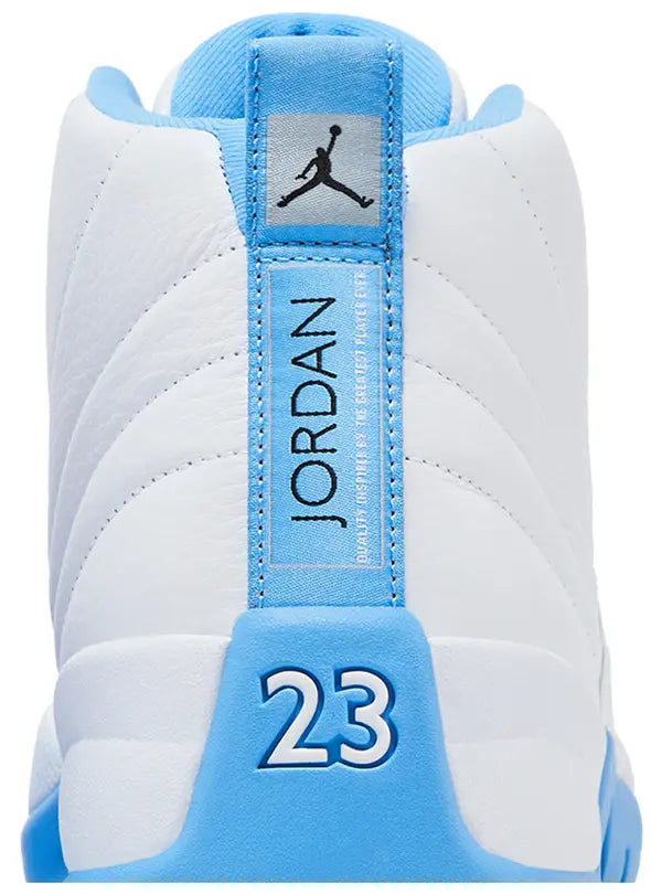 Air Jordan 12 Retro 'Melo' 2025 featuring white leather upper, University Blue accents, and Zoom Air sole with carbon fiber shank.