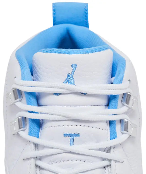Air Jordan 12 Retro 'Melo' 2025 featuring white leather upper, University Blue accents, and Zoom Air sole with carbon fiber shank.