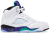 Air Jordan 5 Retro 'Grape' 2025 in white leather with grape purple and emerald accents, reflective tongue, and translucent grape ice outsole.
