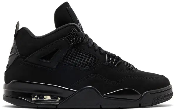 Side view of the 2025 Air Jordan 4 Retro ‘Black Cat’ featuring all-black nubuck and TPU wings.