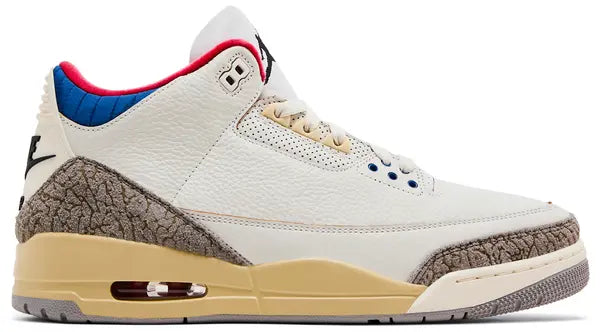 Air Jordan 3 Retro ‘Seoul 2.0’ 2025 white leather sneakers with grey elephant print, Sport Royal collar, embroidered Jumpman and Korean flag tongues.