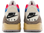 Air Jordan 3 Retro ‘Seoul 2.0’ 2025 white leather sneakers with grey elephant print, Sport Royal collar, embroidered Jumpman and Korean flag tongues.