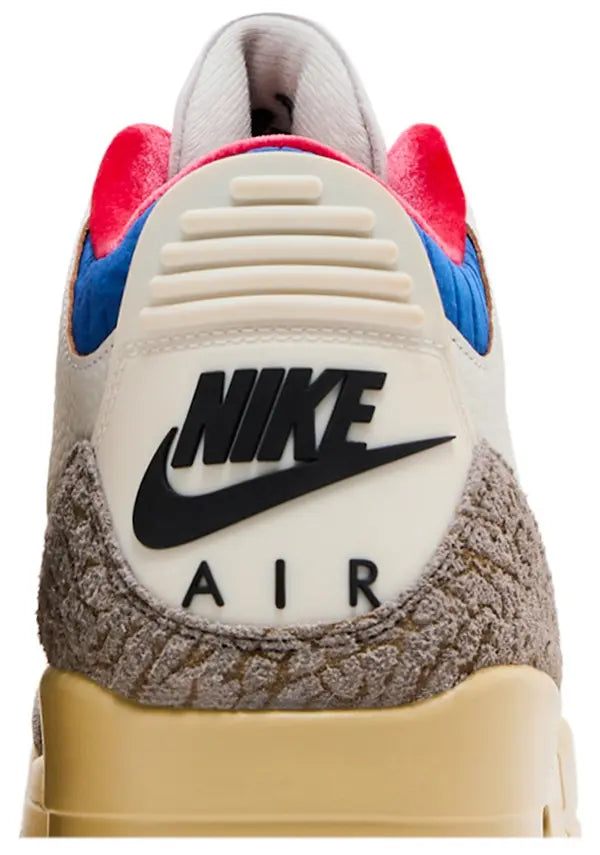 Air Jordan 3 Retro ‘Seoul 2.0’ 2025 white leather sneakers with grey elephant print, Sport Royal collar, embroidered Jumpman and Korean flag tongues.