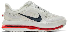 Nike Pegasus Premium 'Summit White Bright Crimson' 2025 running shoe with white mesh upper, black Swoosh, ZoomX midsole, and red Zoom Air cushioning.

