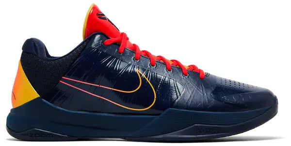 Caitlin Clark x Nike Zoom Kobe 5 Protro 'Indiana Fever' sneaker in Midnight Navy with red and amber gradient Swoosh and performance Flywire upper.

