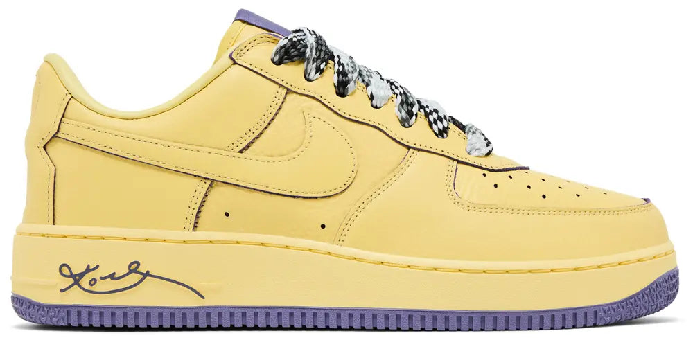 Kobe Bryant x Nike Air Force 1 Low Protro 'Mamba Mentality' 2025 in soft yellow leather with purple accents, number 8 heel embroidery, and ReactX insole.
