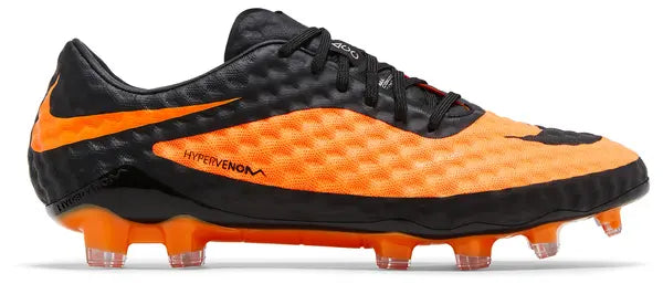 Nike Hypervenom Phantom 1 'Black Bright Citrus' 2025 soccer boot with asymmetrical lacing, black and orange NikeSkin upper, and ACC technology.