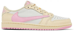 Travis Scott x Air Jordan 1 Retro Low Shy Pink sneaker in cream leather with soft pink reverse Swoosh.