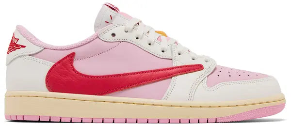 Travis Scott x Air Jordan 1 Retro Low Sail Tropical Pink sneaker with vibrant pink reverse Swoosh.