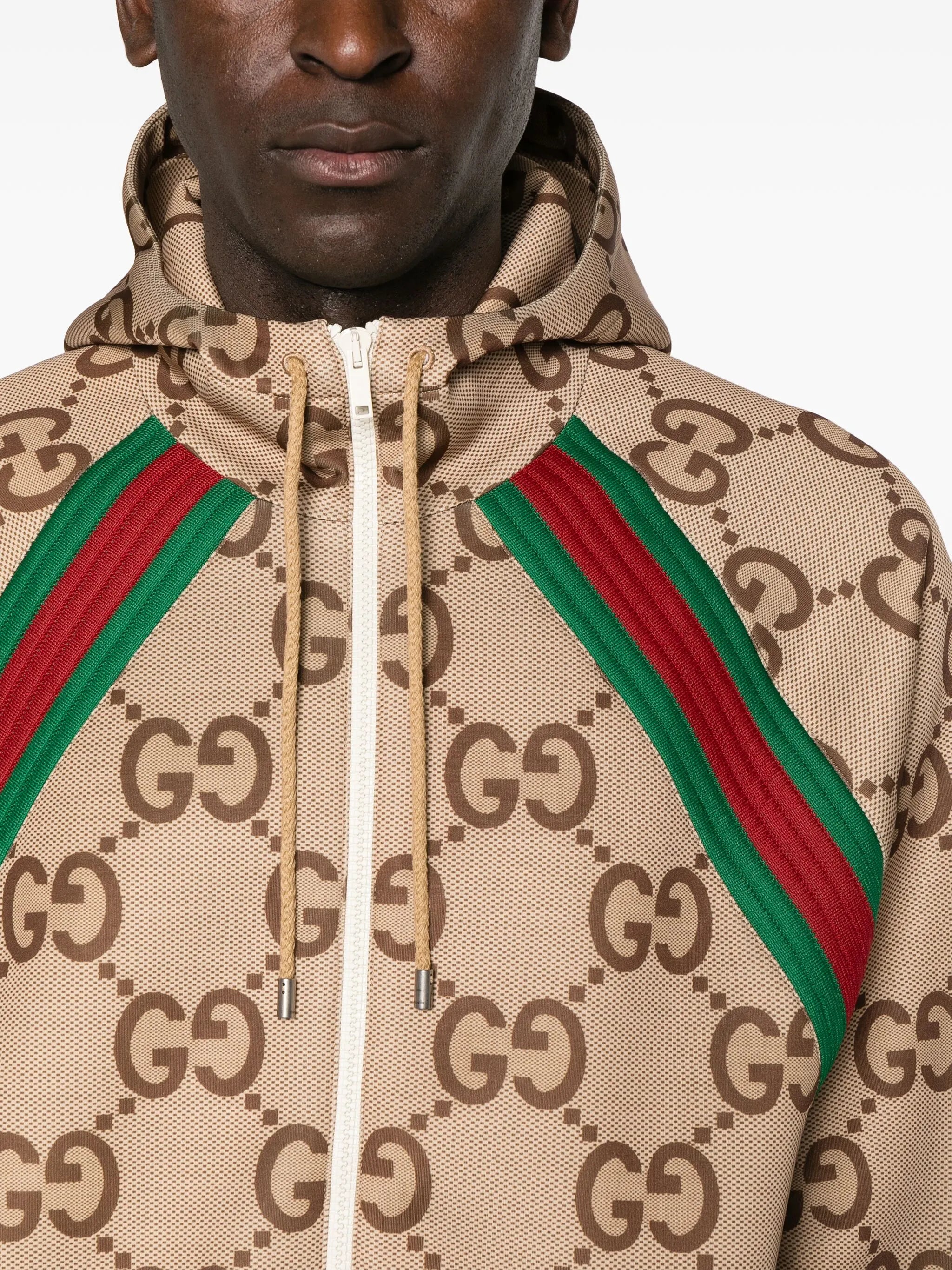Gucci Stripes GG Supreme Monogram Hooded Brown Jacket