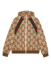 Gucci GG Supreme Hooded Jacket in brown multicolor jacquard with drawstring hood, zip front, and signature GG pattern.