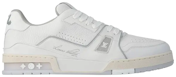 Louis Vuitton Trainer 'White Silver Grey' 2022 low-top sneaker with white premium leather upper, silver-grey accents, and Monogram detailing.

