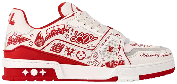 Louis Vuitton Trainer 'Red Graffiti' 2024 sneaker in red leather with white graffiti-style Louis Vuitton logo and contrasting midsole.

