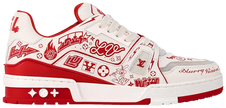Louis Vuitton Trainer 'Red Graffiti' 2024 sneaker in red leather with white graffiti-style Louis Vuitton logo and contrasting midsole.

