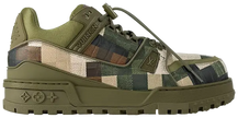 Louis Vuitton Trainer Maxi 'Damoflage' 2024 sneaker in green camo Damier leather with chunky sole and oversized silhouette.