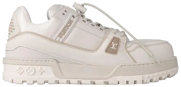 Louis Vuitton Trainer Maxi Sneaker 'White' 2024 in smooth white leather with chunky sole and debossed LV branding.
