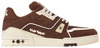 Tyler, the Creator x Louis Vuitton Trainer 'Mocha' in brown nubuck with white piping, embossed monogram, and cream rubber sole.
