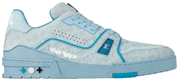 Tyler, the Creator x Louis Vuitton Trainer 'Blue' 2024 sneaker with pastel blue nubuck upper, embossed Monogram, handwritten branding, and rubber cupsole.

