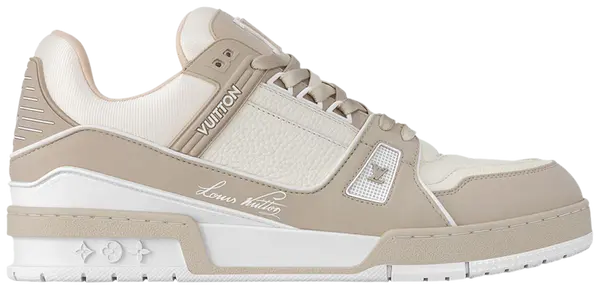Louis Vuitton Trainer Sneaker 'Beige' 2024 low-top in soft beige leather with tonal branding and monogram outsole.
