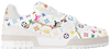 Takashi Murakami x Louis Vuitton Wmns Trainer 'White' 2025 sneaker featuring multicolor monogram print, white leather upper, and gold #54 heel accent.

