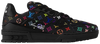 Takashi Murakami x Louis Vuitton Wmns Trainer 'Black' 2025 sneaker with black leather upper, multicolor monogram print, and silver #54 heel detail.

