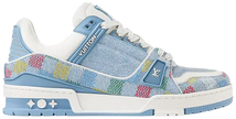 Louis Vuitton Trainer 'Lvers Damier' 2024 in blue denim with white leather overlays and monogram-patterned translucent sole.
