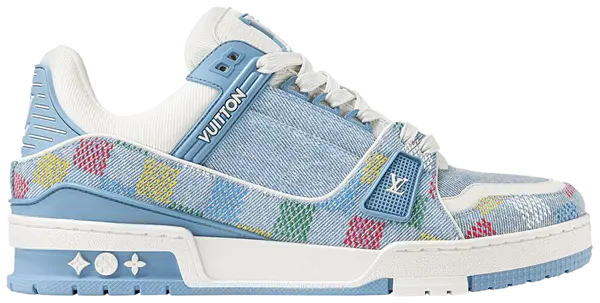 Louis Vuitton Trainer 'Lvers Damier' 2024 in blue denim with white leather overlays and monogram-patterned translucent sole.
