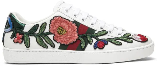 Gucci Wmns Ace Embroidered 'Floral' sneaker in white leather with multicolor floral embroidery and metallic snakeskin heel tab.
