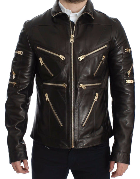 Dolce & Gabbana Elegant Brown Gold-Detailed Leather Jacket