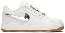Travis Scott x Nike Air Force 1 'Sail' with canvas upper, removable Swooshes, metallic lace dubraes, and gum sole.

