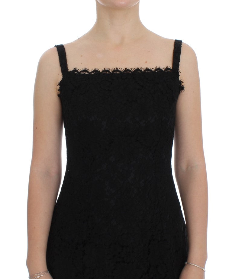 Dolce & Gabbana Elegante vestido negro hasta la rodilla con encaje floral